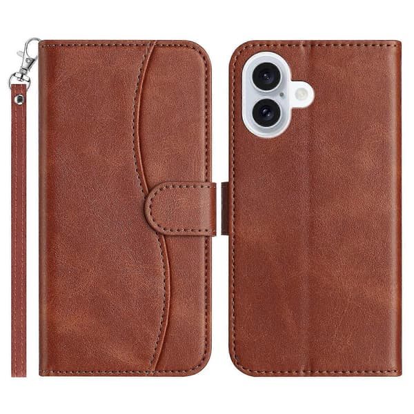 Stand Case til iPhone 16 med rem PU Læder Wallet Telefon Cover S Form Syning Design Multicolor Coffee