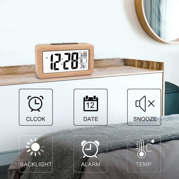 Enkelt set digital väckarklocka i trä med temperatur, datum, bakgrundsbelysning, snooze, för sovrum, säng, hem, kontor, icke tickande