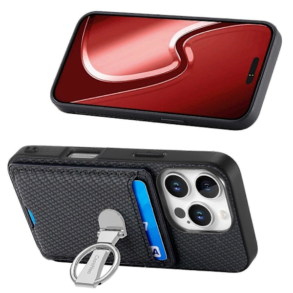 C1-9 Fodral till iPhone 16 Pro med Ställ Läder Kortfack Baksida Kolfibertextur - Grön Multicolor Black