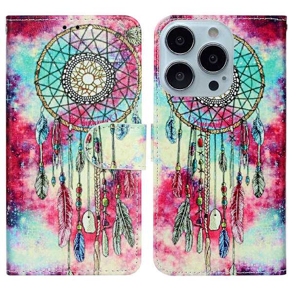 För Iphone 15 Pro Plånboksställ Pu Läder Phone case Mönster Utskrift Anti-dropp cover Green Wind Chime