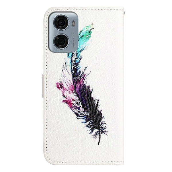 Motorola Moto E15 4G/G05 4G -kotelo, kuvioitu PU-nahkainen lompakkokotelo, ristikkäinen tekstuuri - Panda Multicolor Feather
