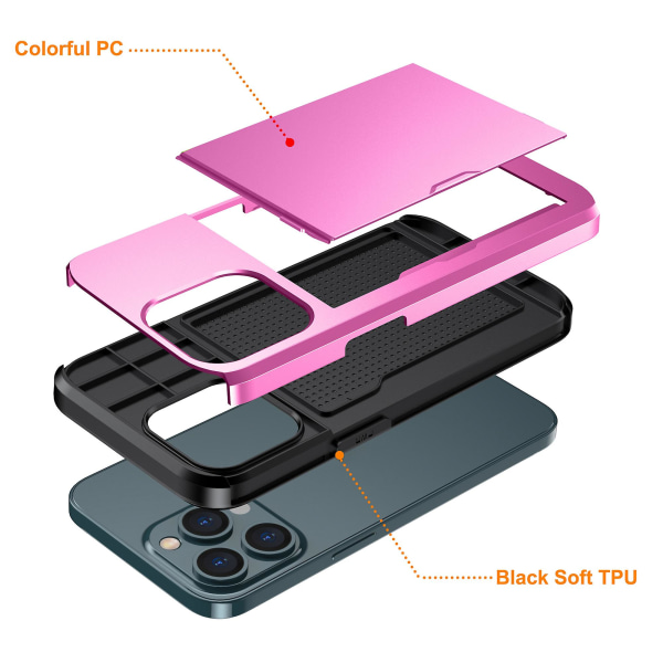 Telefondeksel med skyvbart kortholder for iPhone 15 Pro Max, ripebestandig TPU + PC-telefondeksel Pink