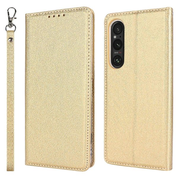 Mobilskal i PU-läder för Sony Xperia 1 V Silkeslen Textur Ställ Plånbok Mobilskal Fodral Multicolor Gold