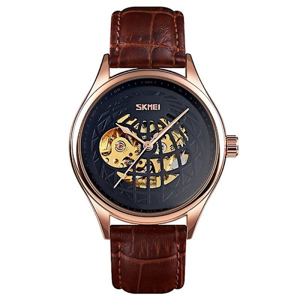 Skmei 9209 Men Business Automatisk Mekanisk Watch Rund Hollow Dial Läder Watchband Watch Rose Gold Black
