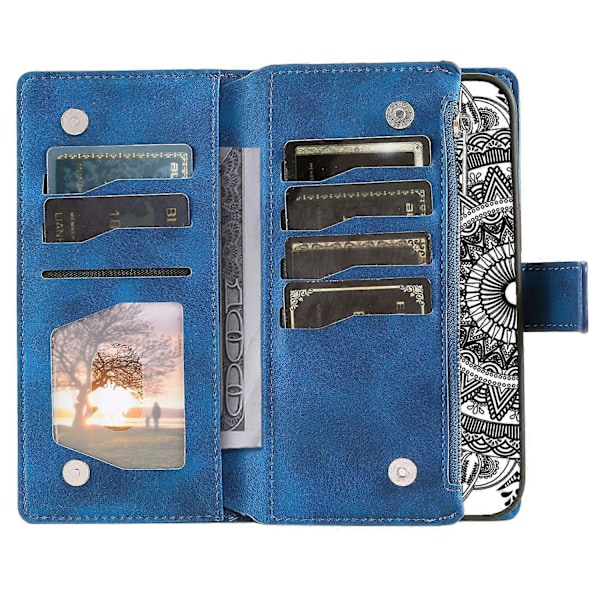 Style 006 til Xiaomi Redmi Note 14 5G Wallet Case PU Læder Telefon Cover Mandala Blomster Mønster - Grå Multicolor Blue