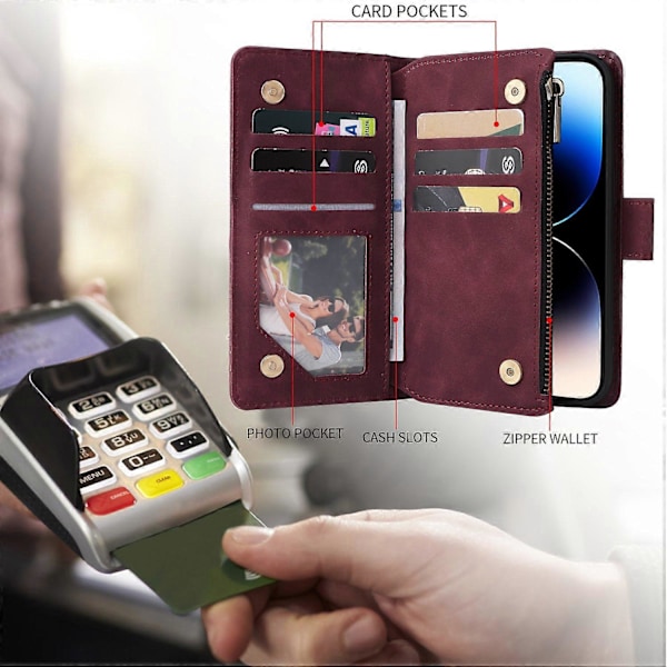 Lynlåspung PU læder stativ faldbestandigt cover til iPhone 15 Pro mobiltelefonetui Multicolor Wine Red