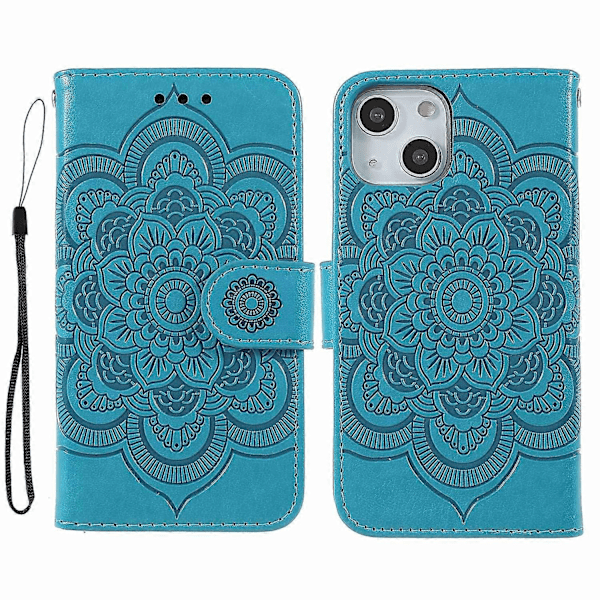 Präglad Mandala Blomma PU Läder Telefonställ Skydd Plånboksfodral med Rem för iPhone 13 6.1 tum Multicolor Style G