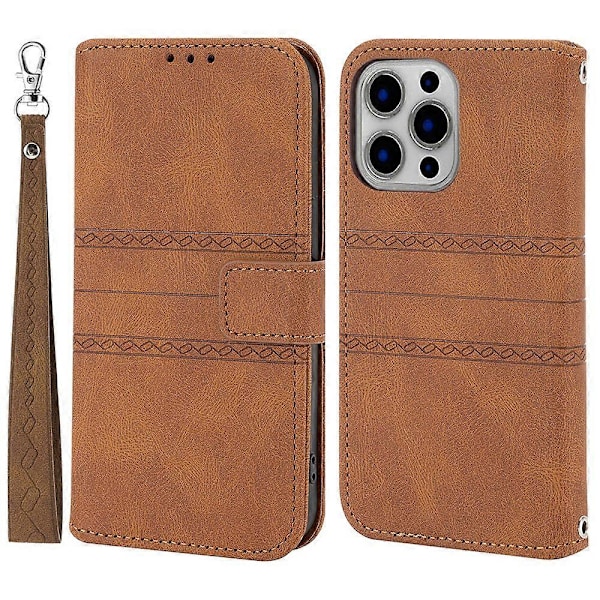 For iPhone 15 Pro Max Deksel Preget Lær Stativ Støtsikkert Telefondeksel med Stropp Multicolor Style F