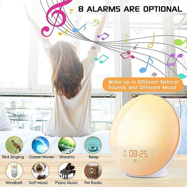 Sunrise Alarm Clock Wake Up Light - Ljuslarm med Sunrisesunset Simulering Dubbla larm och snoozefunktion FM-radio