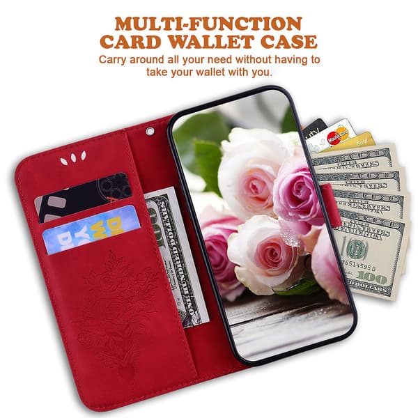 Rose Butterfly Imprinted Case För Iphone 15, Stand Plånbok Cover Red
