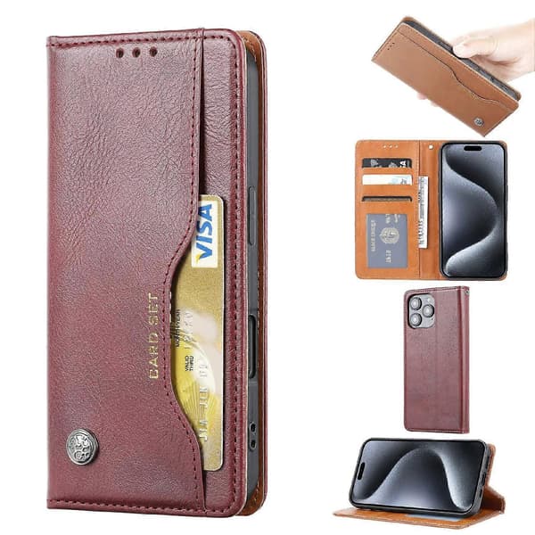 Magnetisk PU-lær stativdeksel til iPhone 16 Pro - Svart Multicolor Wine Red