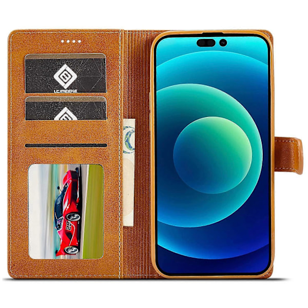 LC.IMEEKE Plånboksfodral för iPhone 15 Pro, Fullständigt Skydd PU Läder Kalvtextur Ställ Flipfodral Multicolor Style B