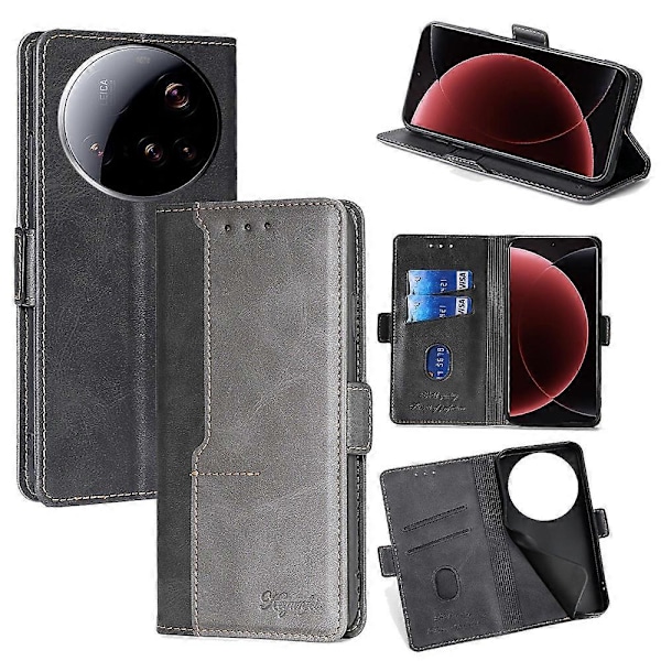 Til Xiaomi 15 Ultra Etui Kontrastfarve Tegnebog Læder Telefoncover Multicolor Black + Grey