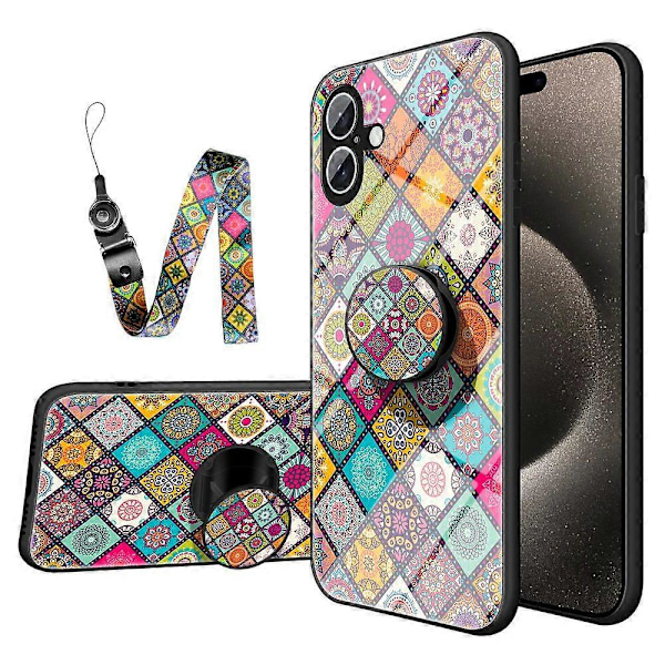 Skal till iPhone 16 Plus med Stöd Etniskt Mönster Härdat Glas Telefonskydd med Rem Multicolor Checkered Pattern