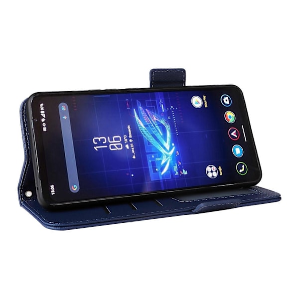 Magnetiskt fodral i läder med litchi-textur och handledsrem för Asus ROG Phone 8 Pro 5G/8 5G Multicolor Dark Blue