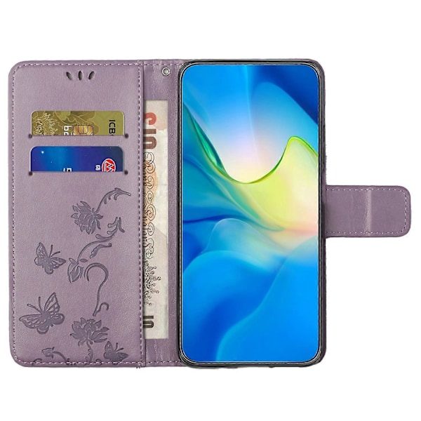 Samsung Galaxy S23 FE PU-nahkakukkaro puhelinkotelo perhos- ja kukkaprintillä, jalustalla Multicolor Style D