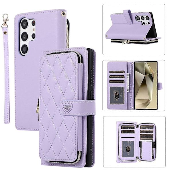 Samsung Galaxy S24 Ultra -kotelo käsiremmin ja vetoketjullisen ruutukuvioidun nahkalompakon kanssa Multicolor Style A