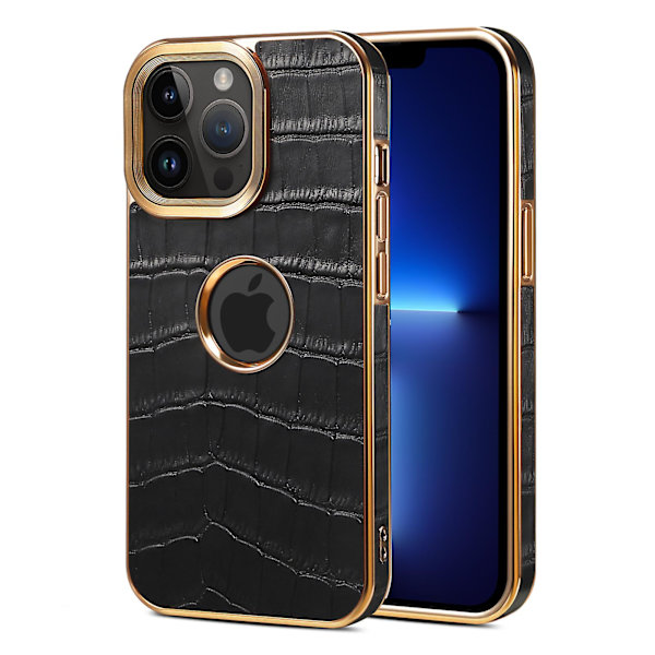 För Iphone 13 Pro Max Läderbelagd phone case Galvanisering Pc+tpu cover med logotypvy Black
