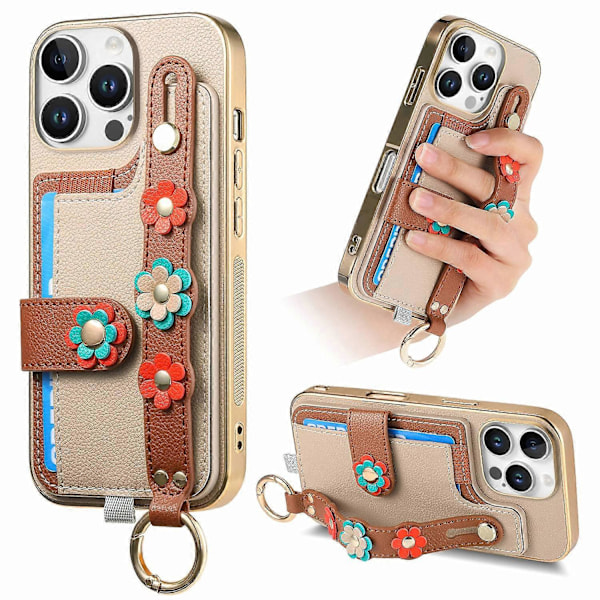 W2 iPhone 16 Pro -kotelo korttipidikkeellä, nahkainen takakansi, 3D-kukka rannekoru - Vihreä Multicolor Khaki