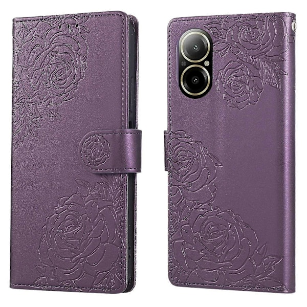 Til Realme C67 4G/12 Lite 4G Etui Rose Blomst PU Læderpung Telefon Cover med 3 Kort Slots Multicolor Dark Purple