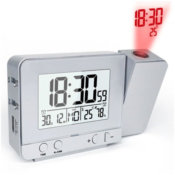 Digital Projektions Vækkeur til Soveværelser, Stort Loftprojektions Vækkeur med USB-Port, Batteri Backup, 180° Projektor, LED Display, Sølv