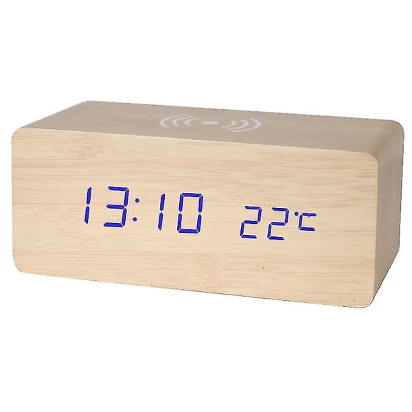 Trä Digital Väckarklocka Fm Radio,10w Snabb Trådlös Laddningsstation För Iphone/Samsung Galaxy,5 Level Dimmer, USB Laddningsport,2 Wake Up Sounds,bedr Blue Yellow