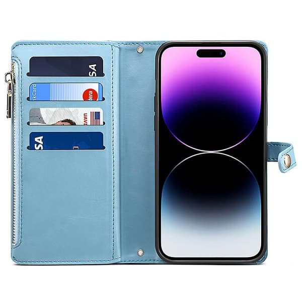 Rfid Blockerande Case För Iphone 15 Pro, Pu Läderställ Blixtlåsficka Cover Blue