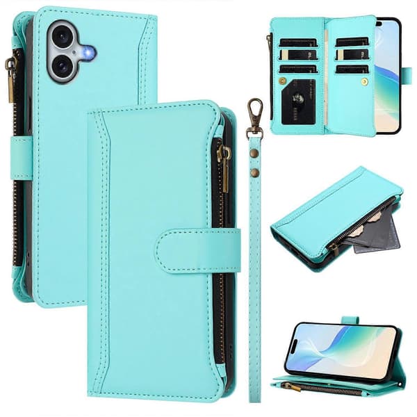 Læderetui til iPhone 16 Plus med 9 kortpladser, lynlåspung, stativ og håndledsrem Multicolor Mint Green