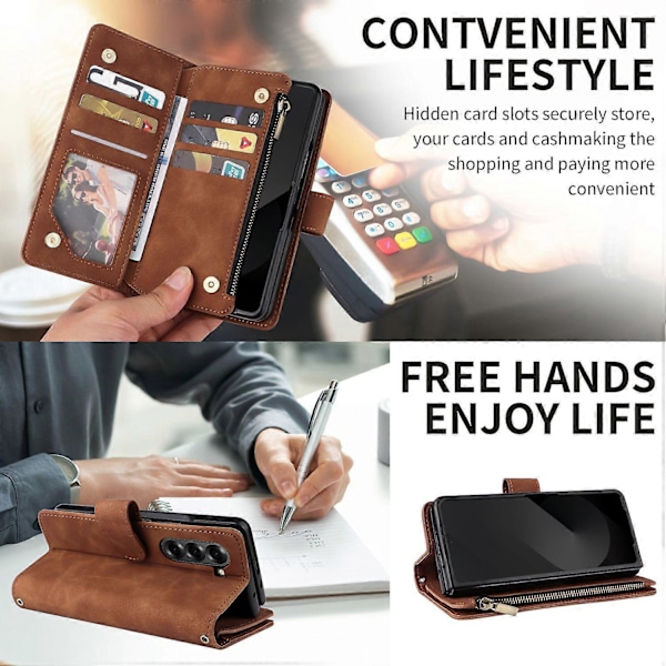 Fodral för Samsung Galaxy Z Fold6 5G med dragkedjeficka, läderfodral med axelrem Multicolor Style D