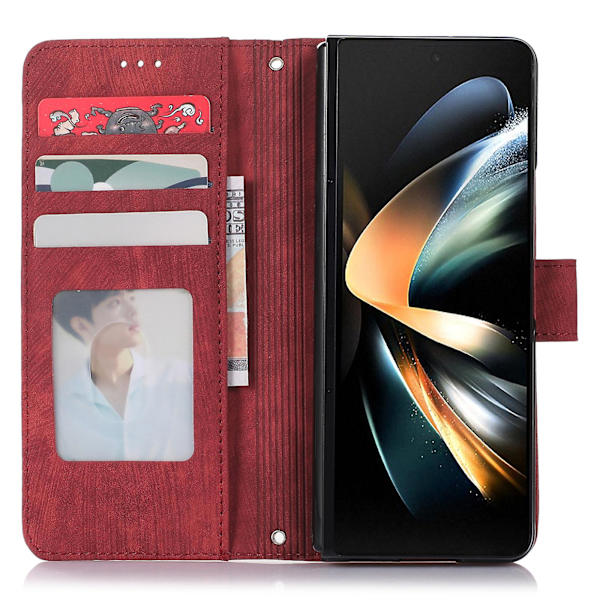 Samsung Galaxy Z Fold5 5G PU-nahka+PC Lompakkokotelo Jalustalla, Pehmeä Suojakuori Red
