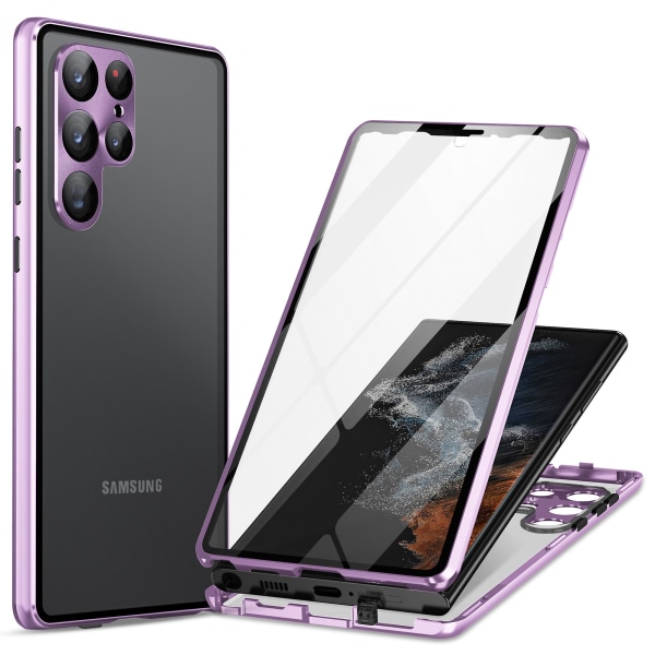 För Samsung Galaxy S24 Ultra Case Dubbla Sidor Härdat glas Magnetisk metall cover Light Purple