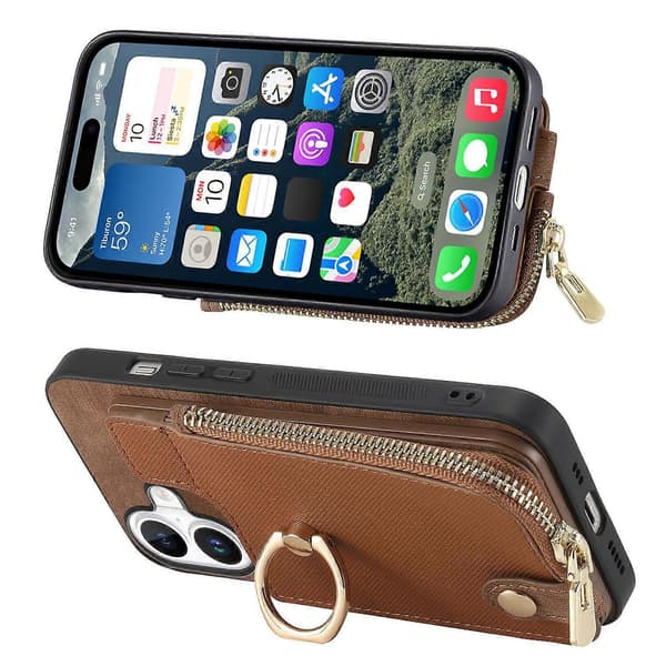 Fodral för iPhone 16 Plus med dragkedjeficka, stativ och läderbaksida - Grön Multicolor Brown