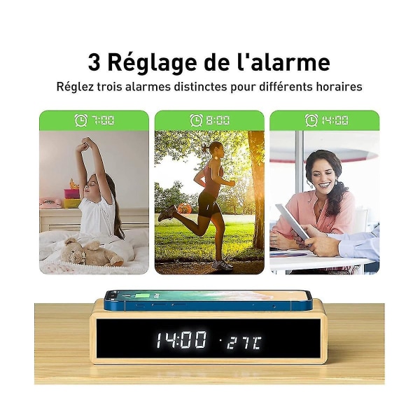 Digital, med trådløs opladningsfunktion, Digital C, LED, temperatur/12/24 timer/dæmpbar