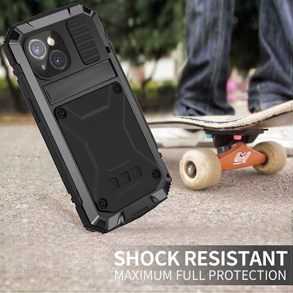 R-JUST Til iPhone 15 Plus PC+Silikone+Metal Telefon Cover Stativ med Hærdet Glas Film Multicolor Style A