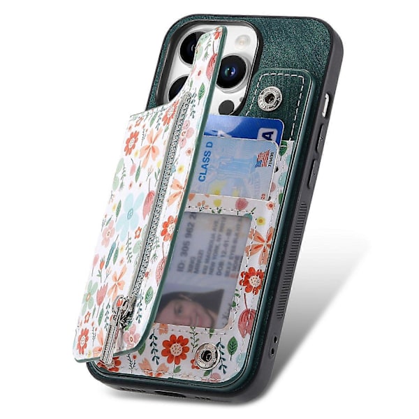 D10 Fodral för iPhone 16 Pro Max Mönster Ställ Plånbok Läder+TPU Telefonskydd RFID-blockering- Multicolor Green