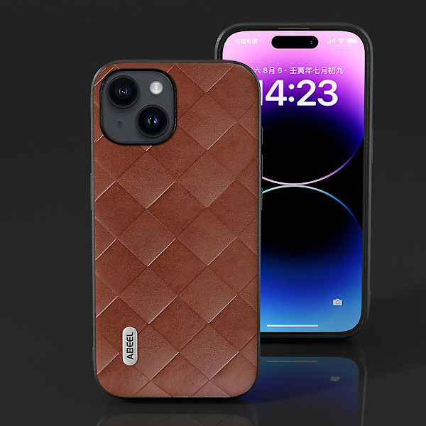 För Iphone 15 Plus Pu Läderbelagd Pc+tpu Phone case Grid Texture Cover Brown