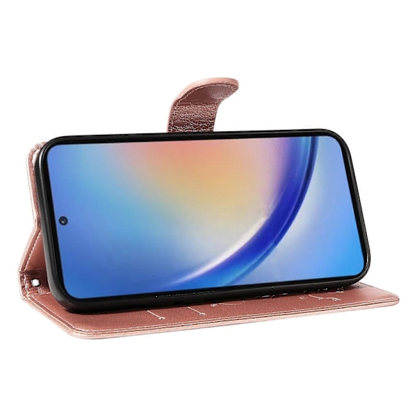 Til Samsung Galaxy A35 5G PU Læder Etuier Blomstermønster Pung Stativ Telefon Cover med Rem Multicolor Rose Gold