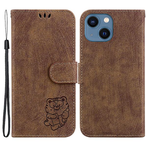 Imprint Telefoncover til iPhone 14 Læder Wallet Stand Anti-drop Cover Brown