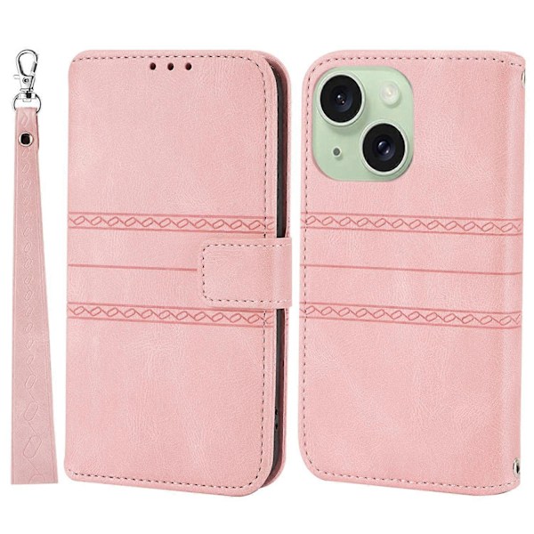 För iPhone 15 Plus Skal Präglat PU Läder Plånbok Anti-fall Telefonskydd med Rem Multicolor Style A
