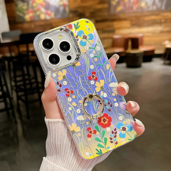 Blommig Lasertextur Skal för iPhone 15 Pro Max med Ringstativ Multicolor Style F