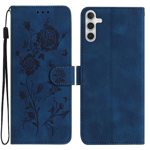 Til Samsung Galaxy A25 5G Wallet Case Rose Mønster Præget Læder Flip Stand Telefon Cover Multicolor Dark Blue