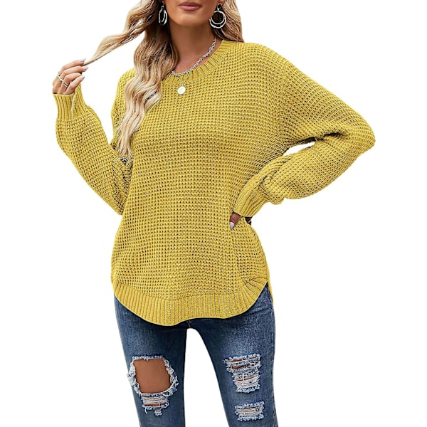 Dam 2023 Höst Casual Höst Våffelstickad tröja Lång ballongärmad lös tröja Mustard X-Large
