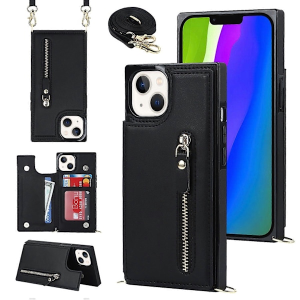 RFID-suojattu lompakkokotelo iPhone 15:lle TPU+PU-jalustalla ja olkahihnalla Multicolor Style B