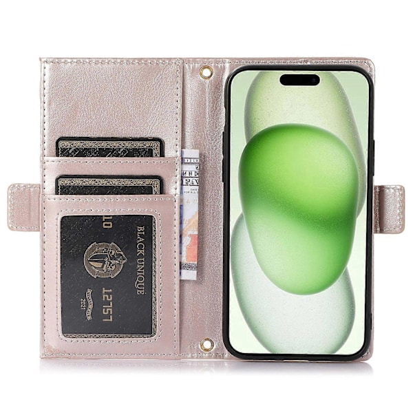Til iPhone 15 Plus Cover Lynlåslomme Litchi Tekstur PU Læder Telefon Cover med Rem Multicolor Style D