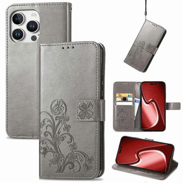 Läderfodral till iPhone 16 Pro Fyrklöver Plånboksfodral Multicolor Grey