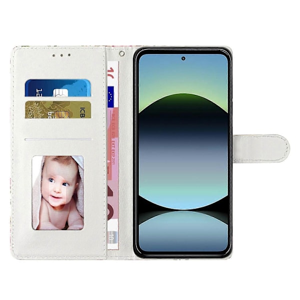 Pung etui i PU-læder med mønstertryk og stativ til Xiaomi Redmi Note 14 Pro 4G med rem Multicolor Pink Marble