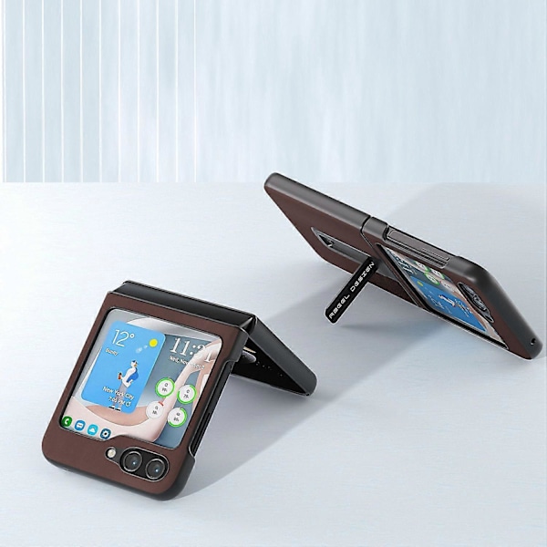 Til Samsung Galaxy Z Flip5 5G Støtteben Nappa Tekstur Etui Ægte Koskindslæder+PC Telefoncover Multicolor Style C