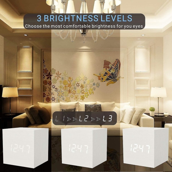 Digital väckarklocka Vit, Micar Wood Led Light Mini Modern Cube Skrivbordsväckarklocka Visar Tid Datum Temperatur För Barn, Sovrum, Hem, Sovsal, T