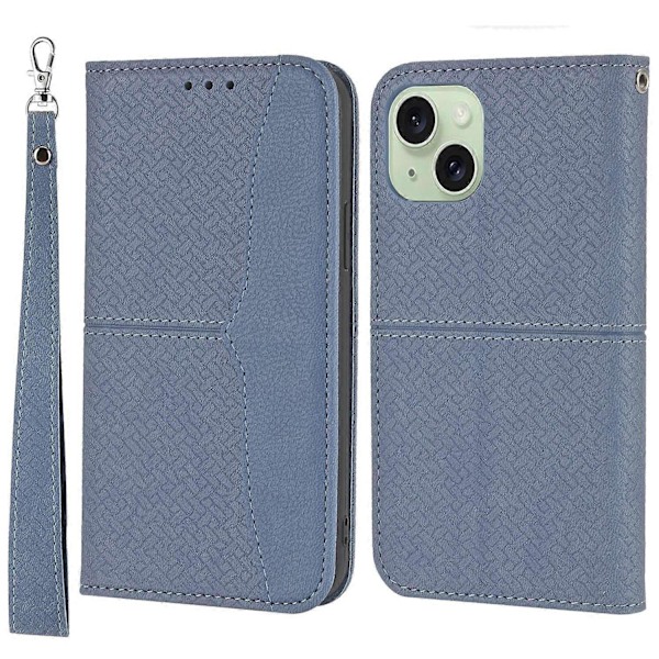 För iPhone 15 Plus Fodral Splitsad PU Läder Ställ Plånboksfodral med Rem Multicolor Style A