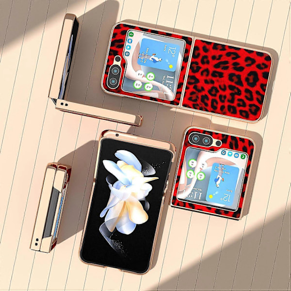 For Samsung Galaxy Z Flip5 5G Leopardmønster Telefondeksel PU Lær+PC Elektroplettert Deksel Multicolor Style D